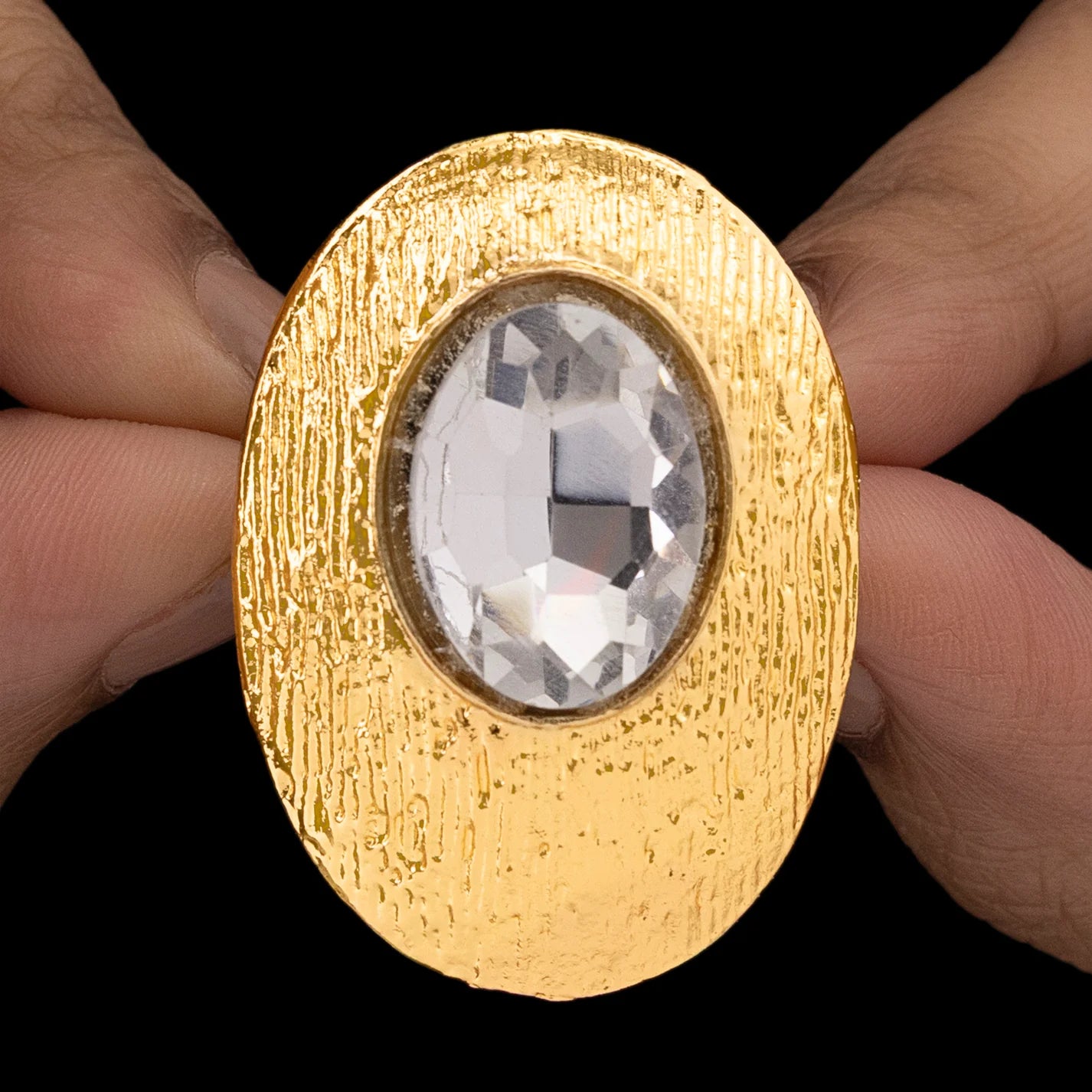 Anti-Tarnish Textured Oval Statement Ring with Crystal (Adjustable Size)