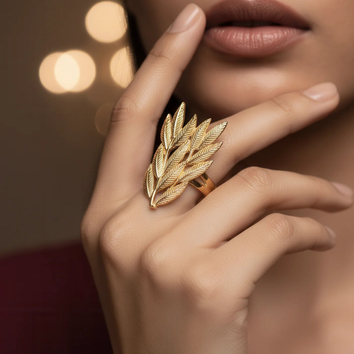 Anti-Tarnish Golden Leaves Cocktail Ring (Adjustable Size)