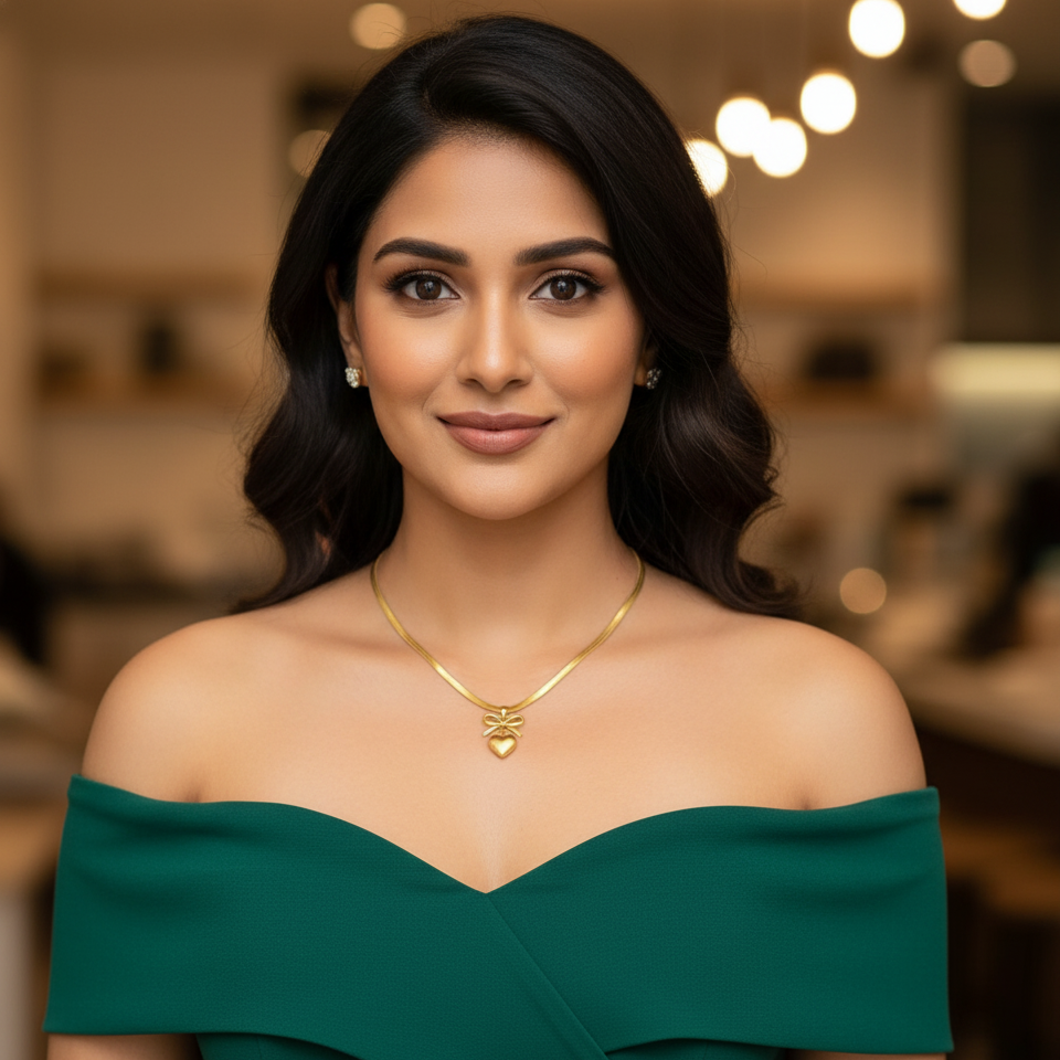 Golden Bow Heart Pendant Necklace