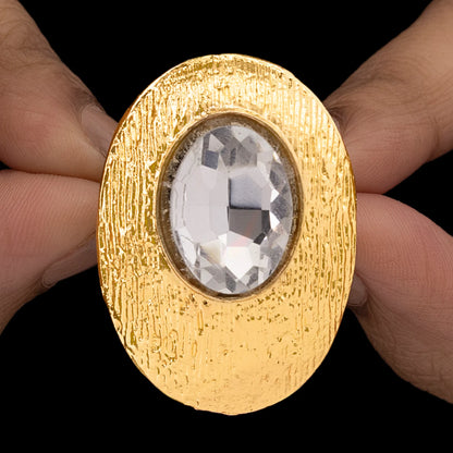 Anti-Tarnish Textured Oval Statement Ring with Crystal (Adjustable Size)