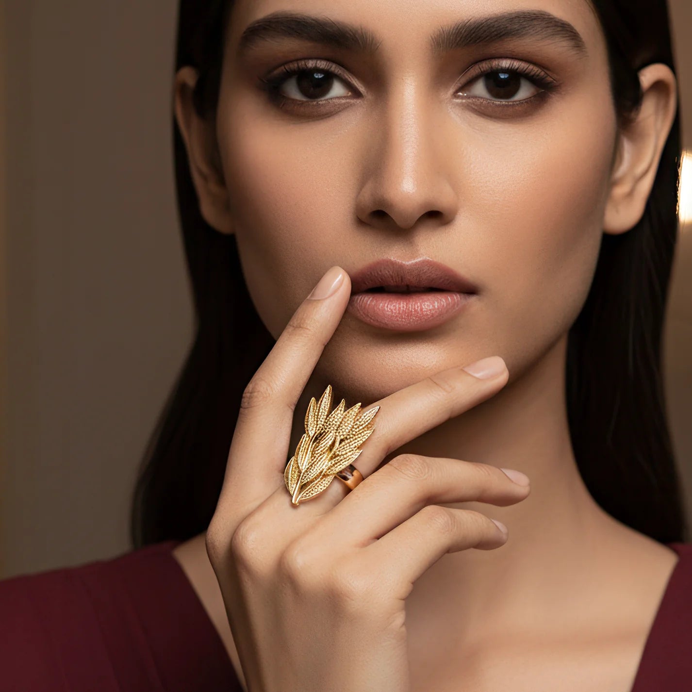 Anti-Tarnish Golden Leaves Cocktail Ring (Adjustable Size)