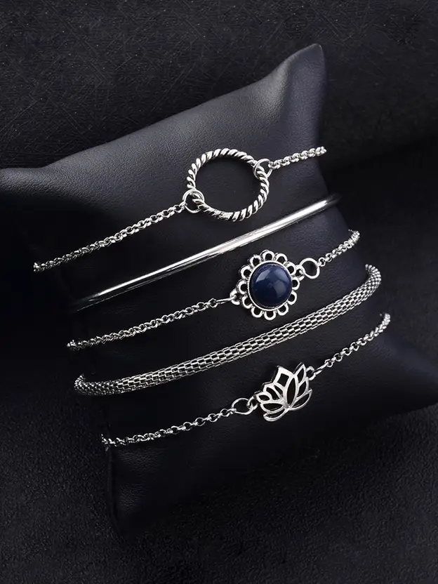 5-Piece Silver Lotus & Azure Stone Bracelet Set