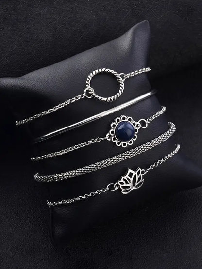 5-Piece Silver Lotus & Azure Stone Bracelet Set