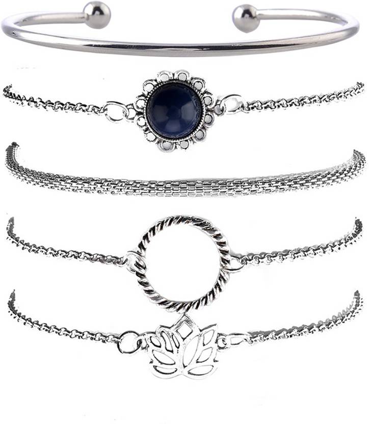5-Piece Silver Lotus & Azure Stone Bracelet Set