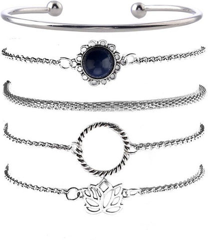 5-Piece Silver Lotus & Azure Stone Bracelet Set