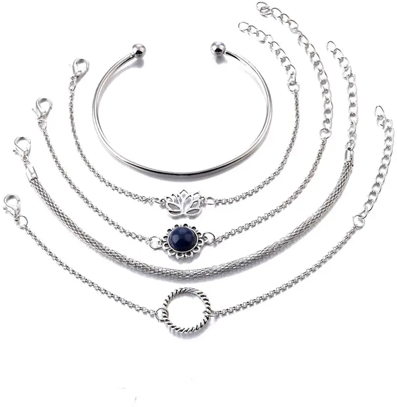 5-Piece Silver Lotus & Azure Stone Bracelet Set