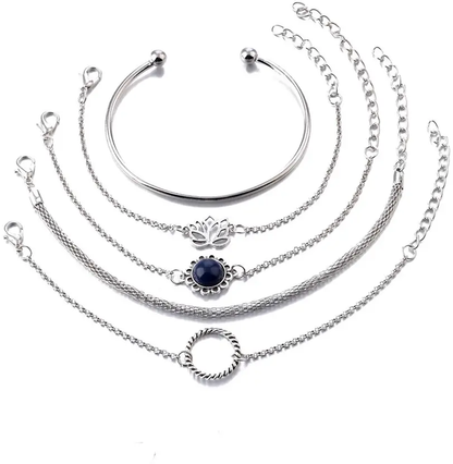 5-Piece Silver Lotus & Azure Stone Bracelet Set