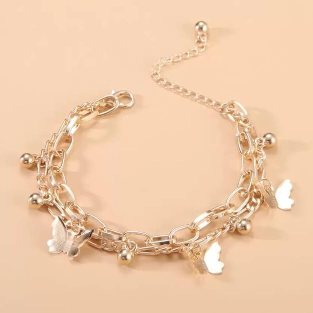 Gold Layered Butterfly & Ghungroo Charm Bracelet