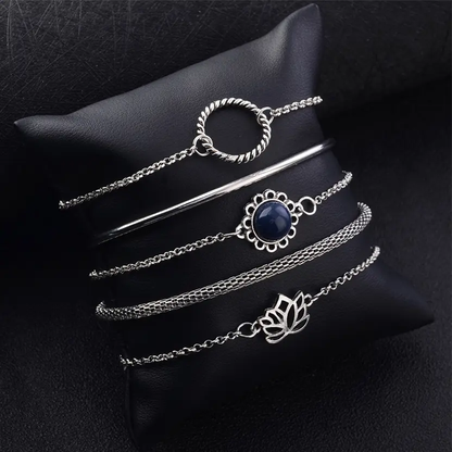 5-Piece Silver Lotus & Azure Stone Bracelet Set