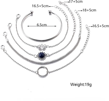 5-Piece Silver Lotus & Azure Stone Bracelet Set