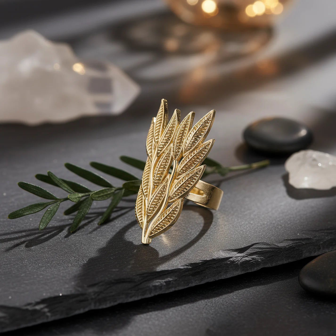 Anti-Tarnish Golden Leaves Cocktail Ring (Adjustable Size)