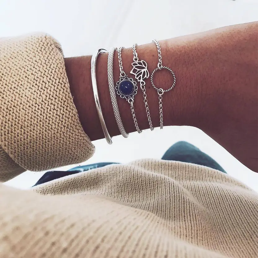 5-Piece Silver Lotus & Azure Stone Bracelet Set