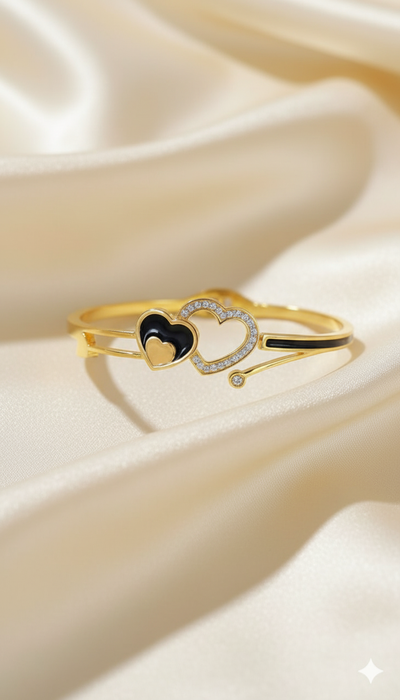 Women's Gold-Toned Double Heart Bracelet with Black and White Enamel
