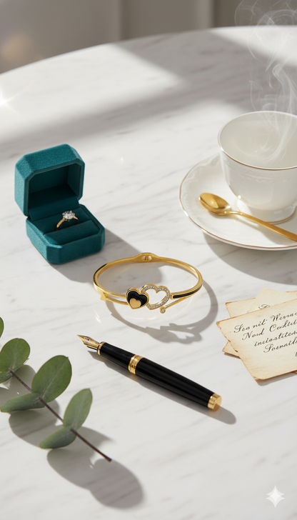 Women's Gold-Toned Double Heart Bracelet with Black and White Enamel