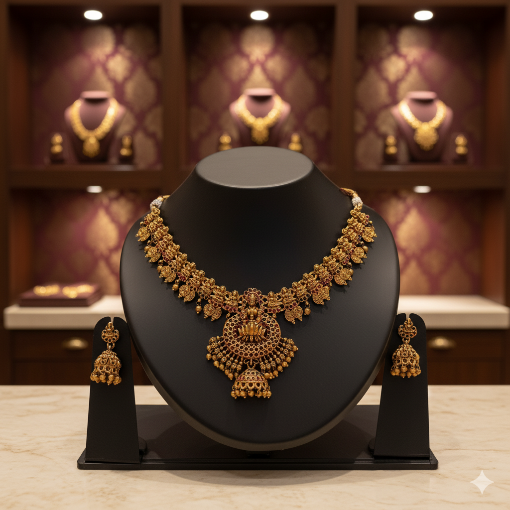 Royal Temple Gold Necklace Set – Traditional Bridal Jewelry