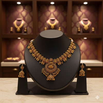 Royal Temple Gold Necklace Set – Traditional Bridal Jewelry