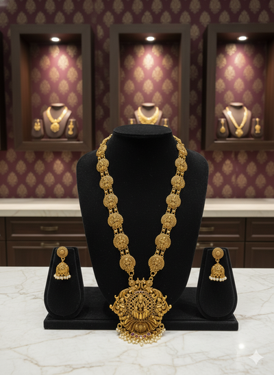 Exquisite Temple Jewelry Necklace Set - Lakshmi Devi Inspired Gold Tone